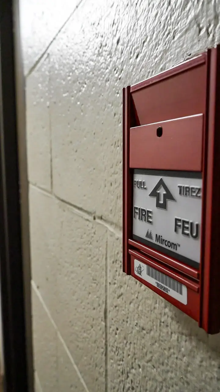 Fire alarm pull station mounted on a wall.