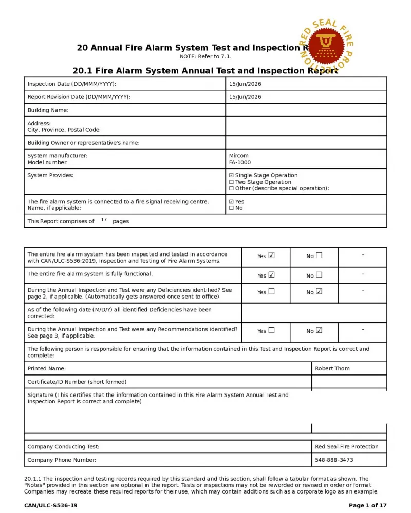 First page of a Red Seal annual fire alarm inspection report, client details removed.